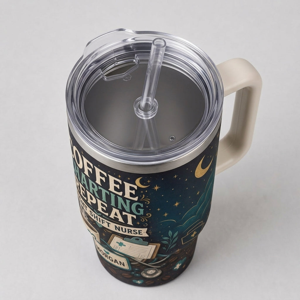 Personalized Night Shift Nurse 40oz Tumbler with Handle - Coffee Charting Repeat Custom Name Gift