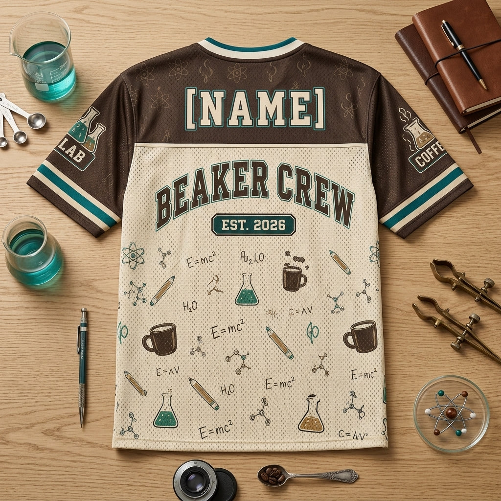 Personalized Caffeine & Curiosity Science Dept Jersey - Custom Name Beaker Crew Football Jersey