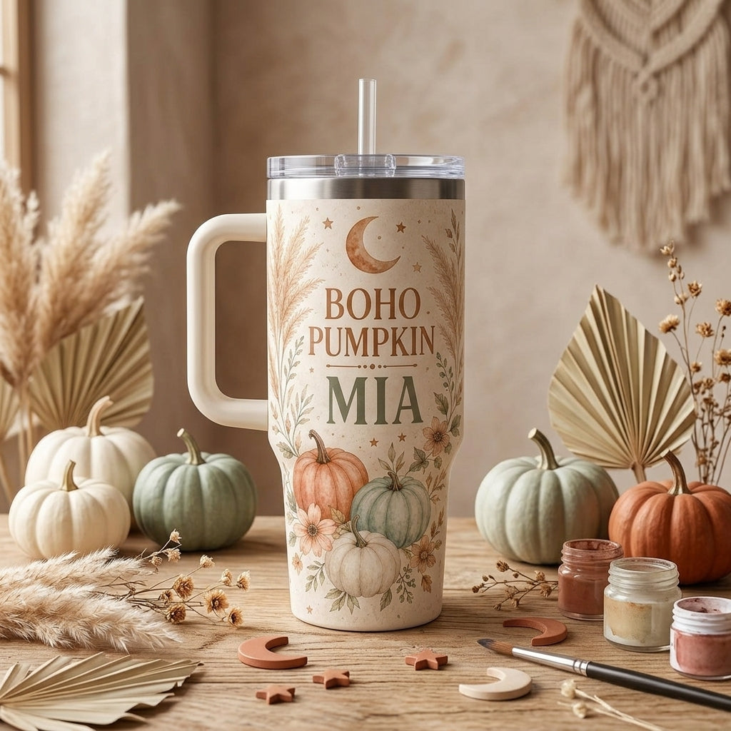 Personalized Boho Pumpkin 40oz Tumbler with Handle, Custom Name Autumn Travel Mug, Earthy Bohemian Gift