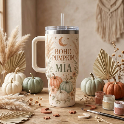 Personalized Boho Pumpkin 40oz Tumbler with Handle, Custom Name Autumn Travel Mug, Earthy Bohemian Gift