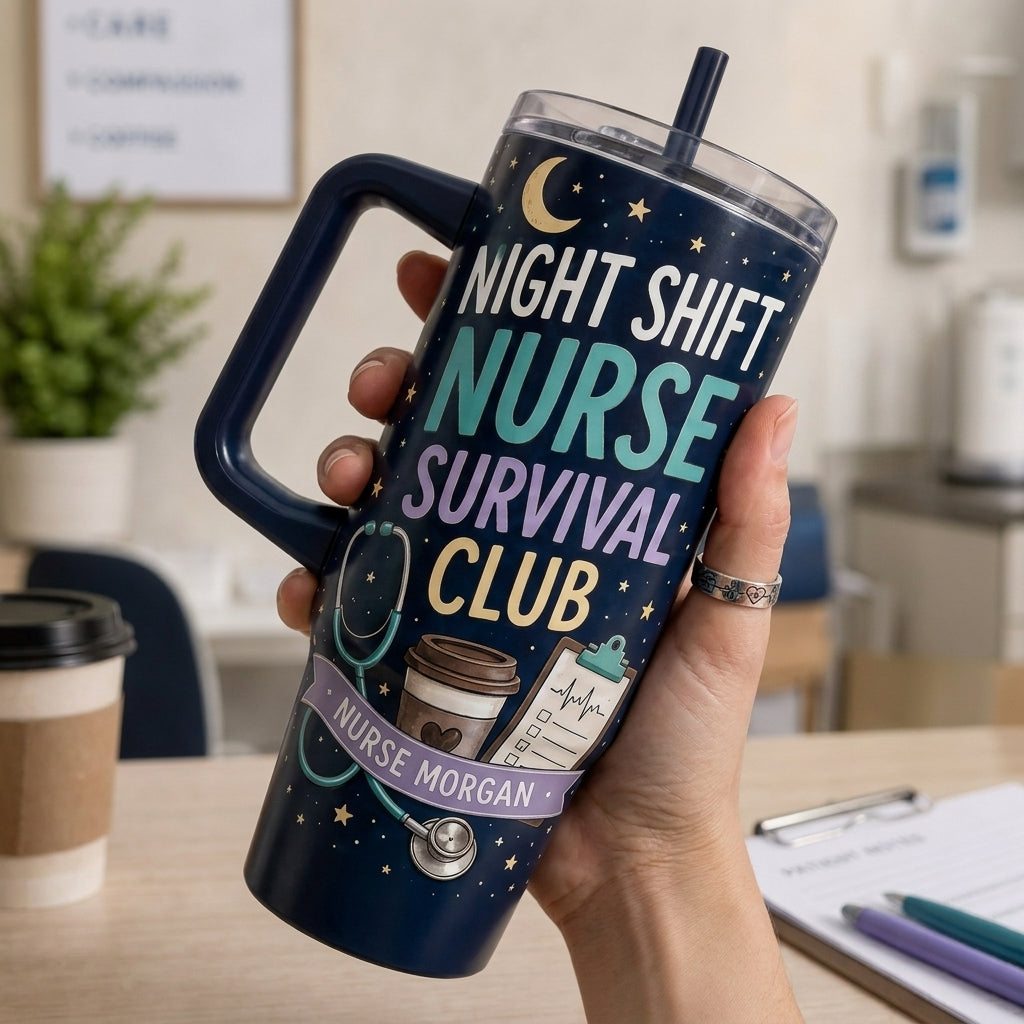 Personalized Night Shift Nurse Survival Club 40oz Tumbler with Handle - Custom Name Coffee and Charting Gift