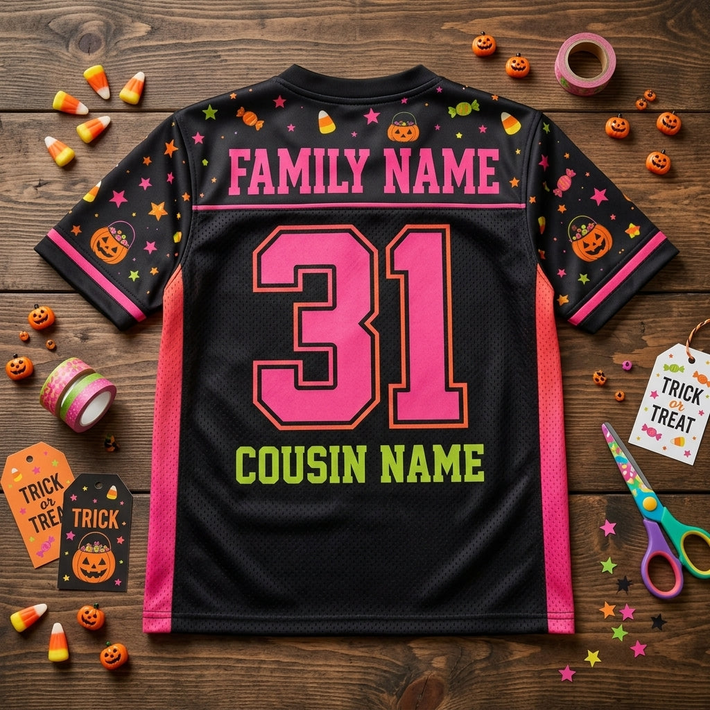 Personalized Cousin Trick-Or-Treat Squad Halloween Football Jersey - Custom Family Name & Number