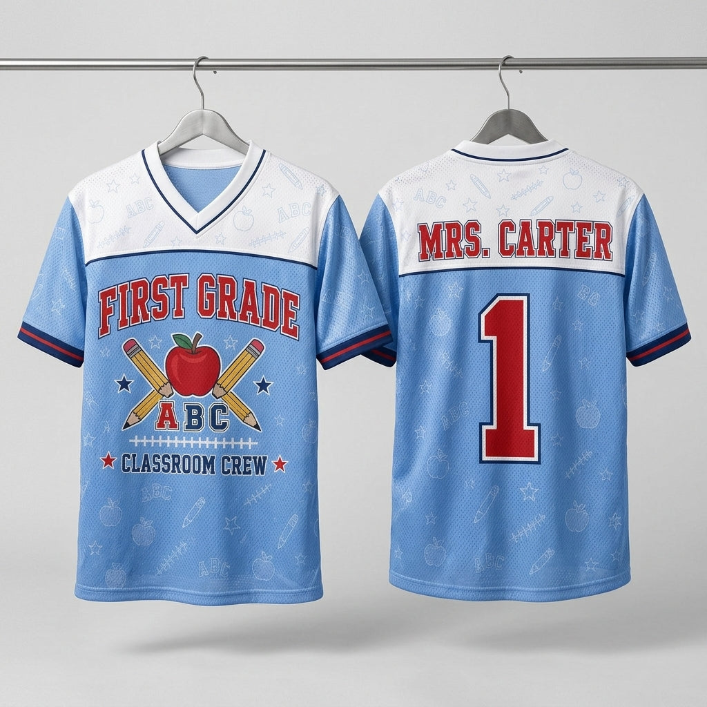 Personalized First Grade Classroom Crew Football Jersey - Custom Name Teacher Spirit Shirt