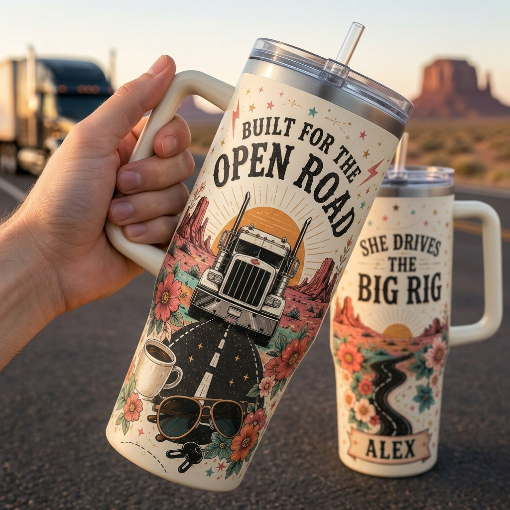 Personalized She Drives the Big Rig 40oz Tumbler with Handle, Custom Name Female Trucker Gift