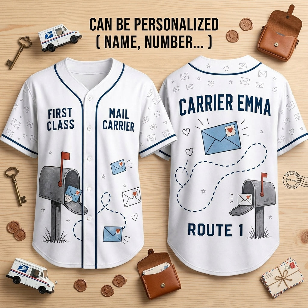 Personalized First Class Mail Carrier Baseball Jersey - Custom Name and Route Number Postal Worker Gift