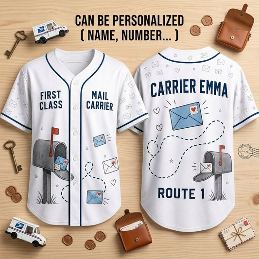 Personalized First Class Mail Carrier Baseball Jersey - Custom Name and Route Number Postal Worker Gift