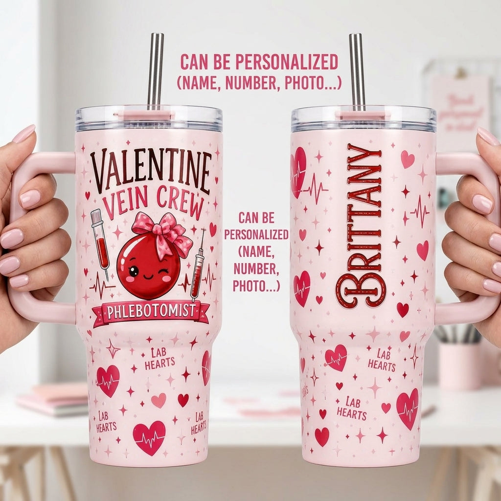 Personalized Valentine Vein Crew Phlebotomist 40oz Tumbler with Handle - Custom Name Gift for Lab Techs