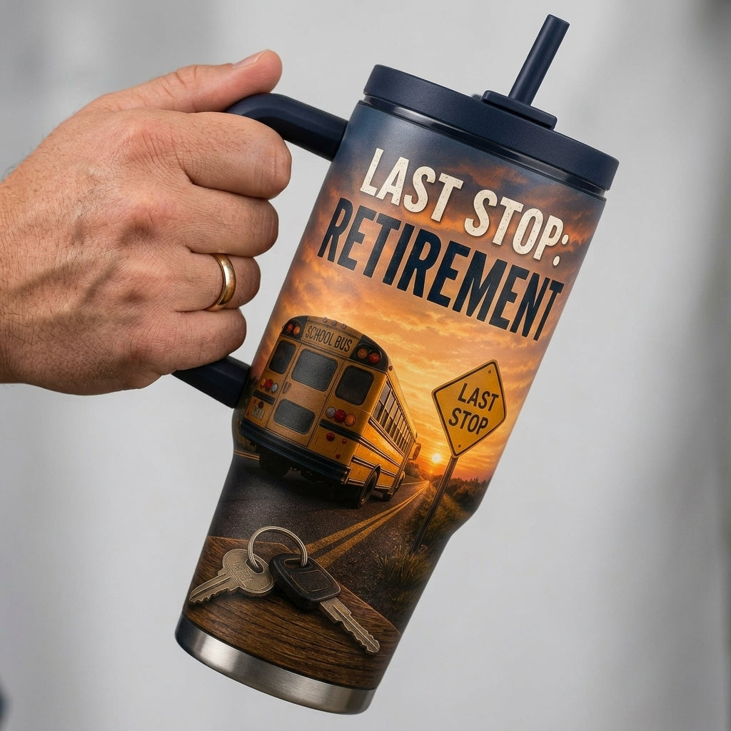 Personalized School Bus Driver Retirement Gift - One Last Route 40oz Tumbler with Handle
