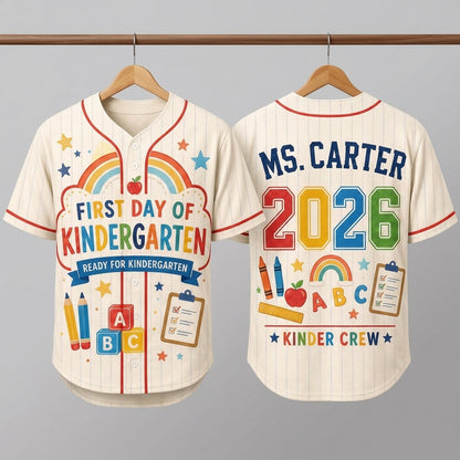 Personalized First Day of Kindergarten Teacher Baseball Jersey - Custom Name & Year Kinder Crew Shirt
