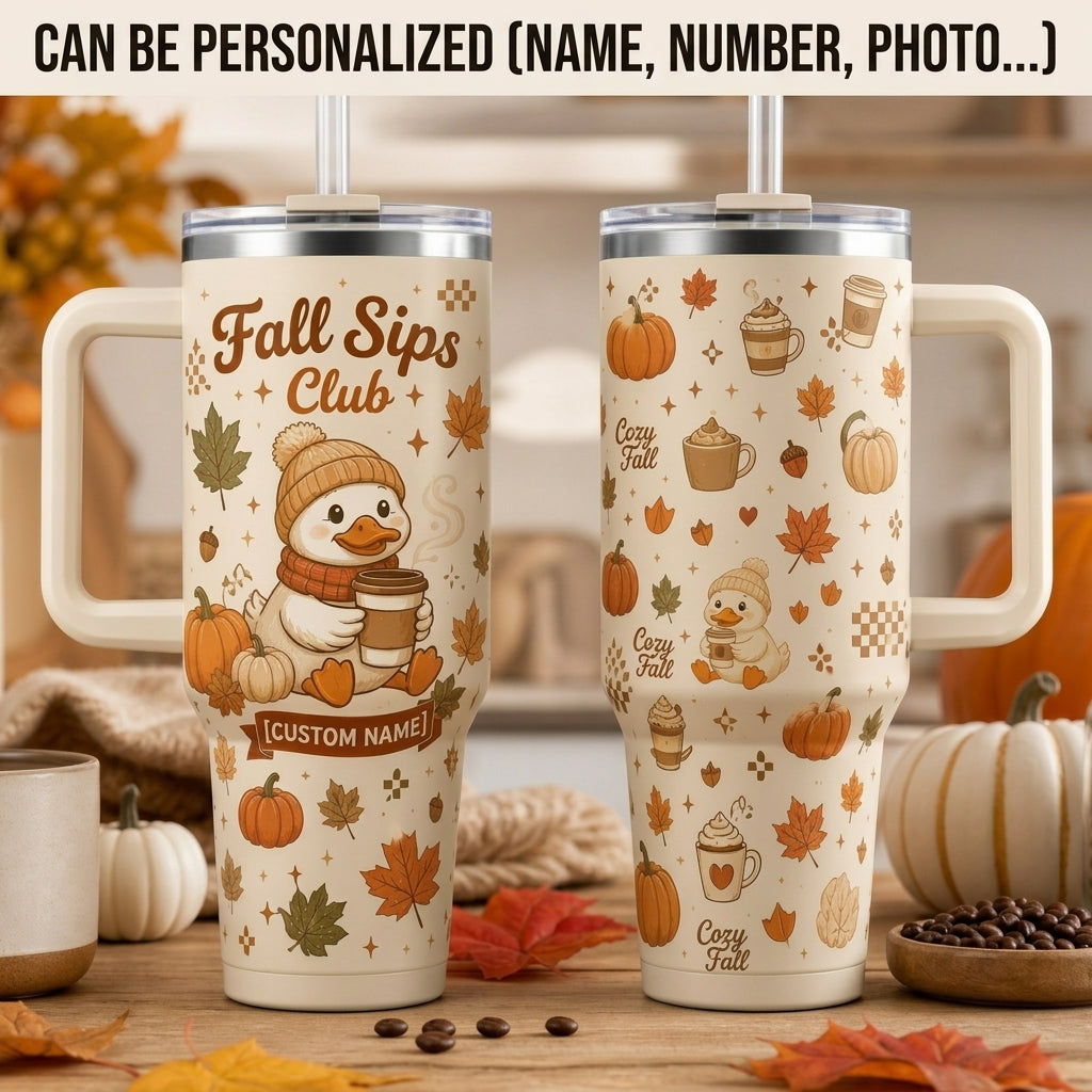 Personalized Fall Sips Club 40oz Tumbler with Handle, Custom Name Cute Duckling Autumn Coffee Cup