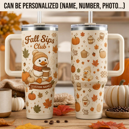 Personalized Fall Sips Club 40oz Tumbler with Handle, Custom Name Cute Duckling Autumn Coffee Cup