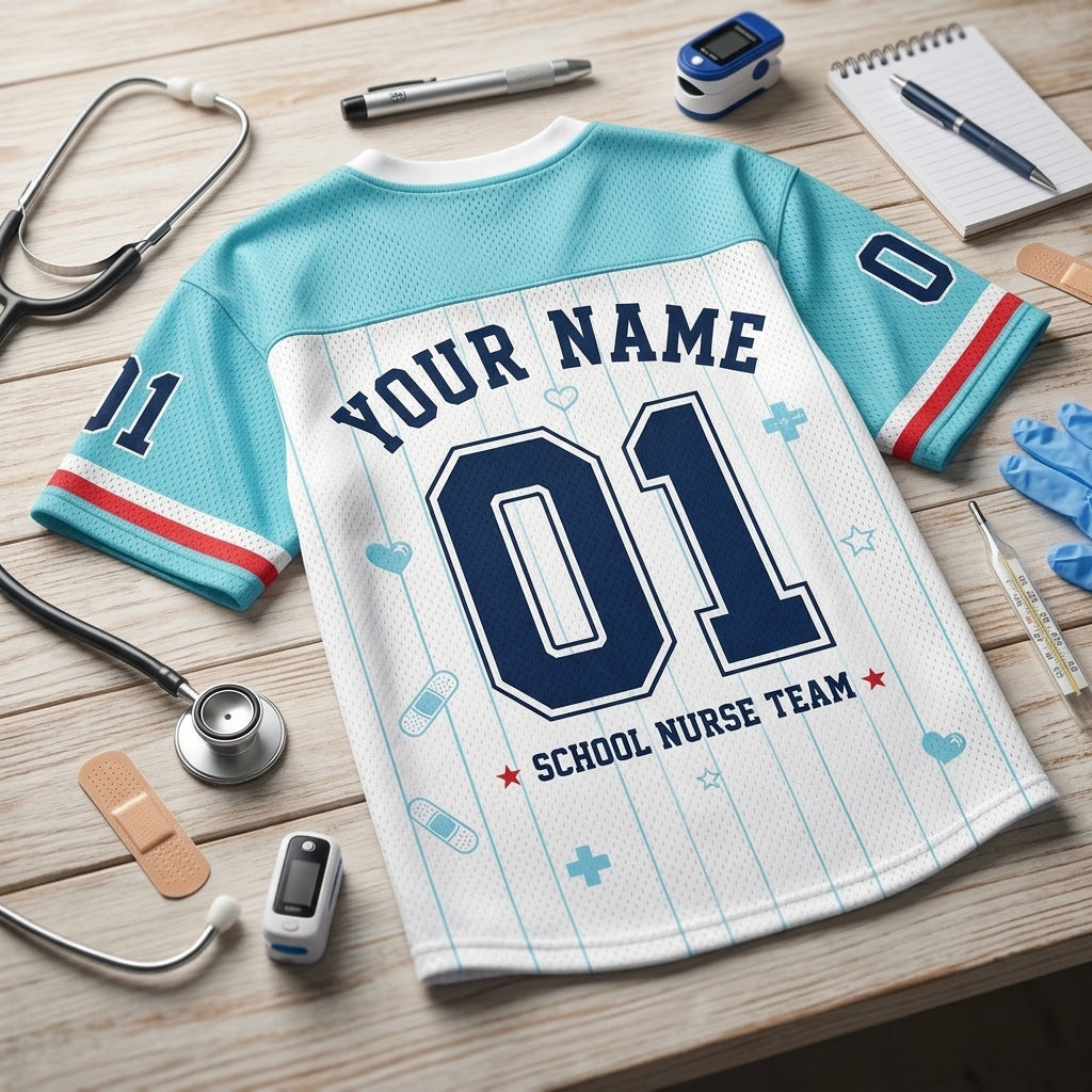Personalized School Nurse Care Crew Football Jersey - Custom Name & Number Mesh Jersey for Nurses