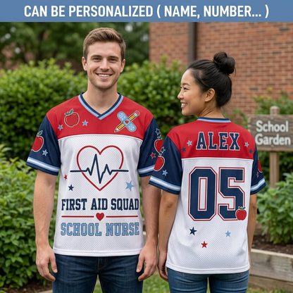 Personalized School Nurse Football Jersey - Custom Name & Number First Aid Squad Mesh Shirt