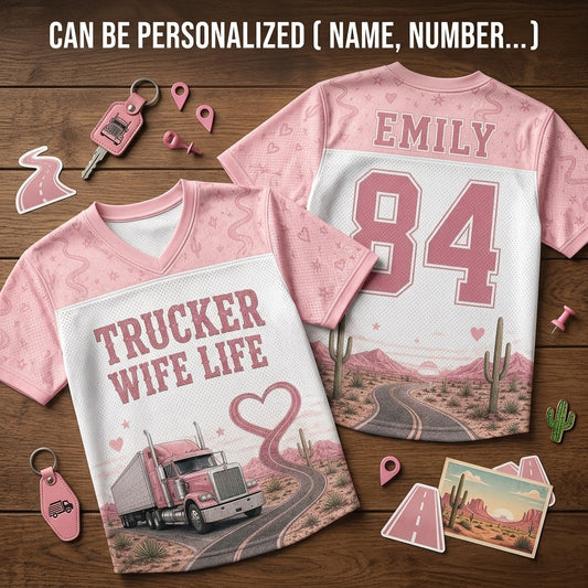 Personalized Trucker Wife Life Football Jersey - Custom Name & Number Pink Mesh Desert Western Jersey