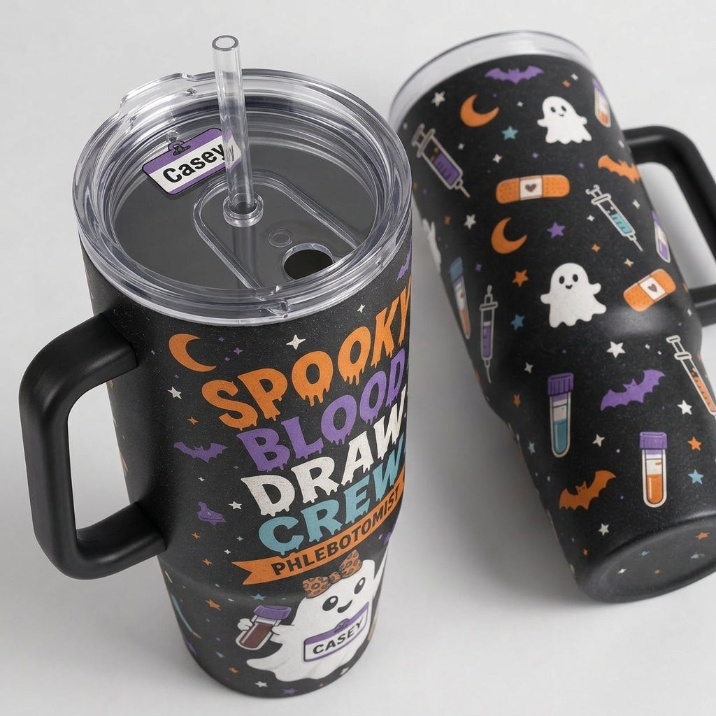Personalized Phlebotomist Spooky Blood Draw Crew 40oz Tumbler with Handle, Custom Name Halloween Medical Gift