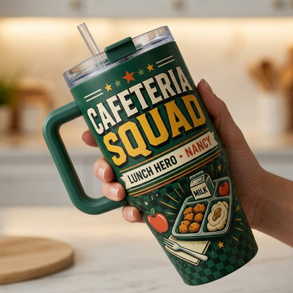 Personalized Cafeteria Squad 40oz Tumbler with Handle - Custom Name Lunch Hero School Gift