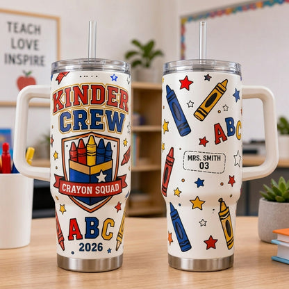 Personalized Kinder Crew Crayon Squad 40oz Tumbler with Handle - Custom Kindergarten Teacher Gift