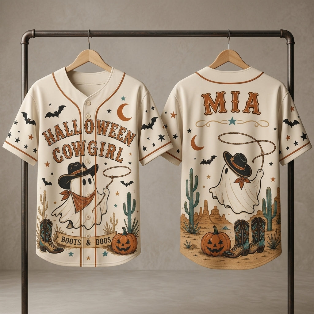 Personalized Halloween Cowgirl Ghost Baseball Jersey - Custom Name Boots & Boos Western Ghouls Costume