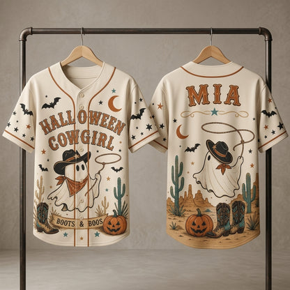 Personalized Halloween Cowgirl Ghost Baseball Jersey - Custom Name Boots & Boos Western Ghouls Costume