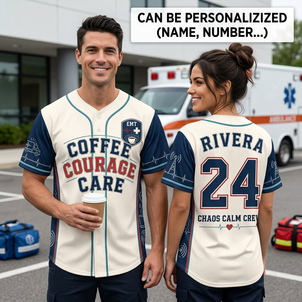 Personalized EMT Baseball Jersey - Custom Name & Number Coffee Courage Care First Responder Gift product view 2