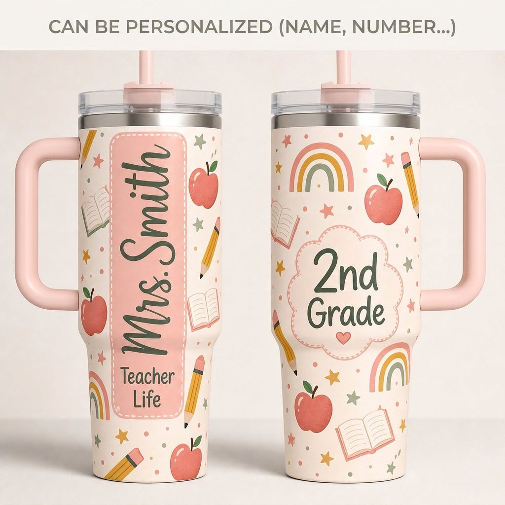Personalized Teacher Life 40oz Tumbler with Handle - Custom Name & Grade School Gift