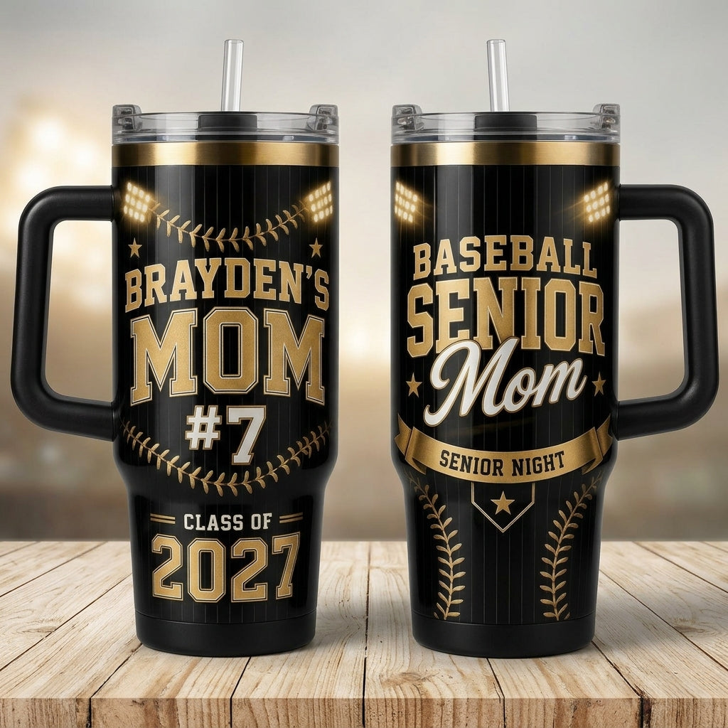 Personalized Baseball Senior Mom 40oz Tumbler with Handle - Custom Player Name & Number Senior Night Gift