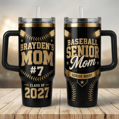 Personalized Baseball Senior Mom 40oz Tumbler with Handle - Custom Player Name & Number Senior Night Gift