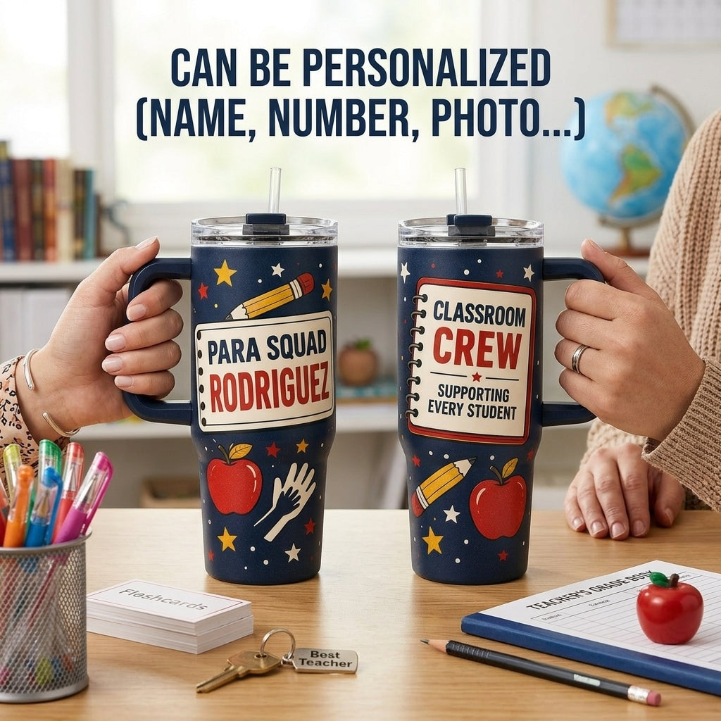 Personalized Para Squad Custom Name 40oz Tumbler with Handle - Classroom Crew Teacher Assistant Gift