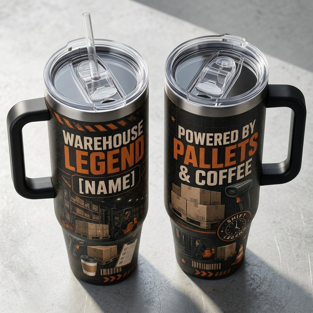 Personalized Warehouse Legend 40oz Tumbler with Handle - Custom Name Gift for Forklift Operator - 40oz tumbler mockup 5