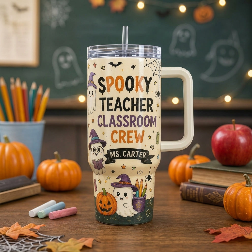 Personalized Spooky Teacher Classroom Crew 40oz Tumbler with Handle, Custom Name Halloween Boo Crew Gift