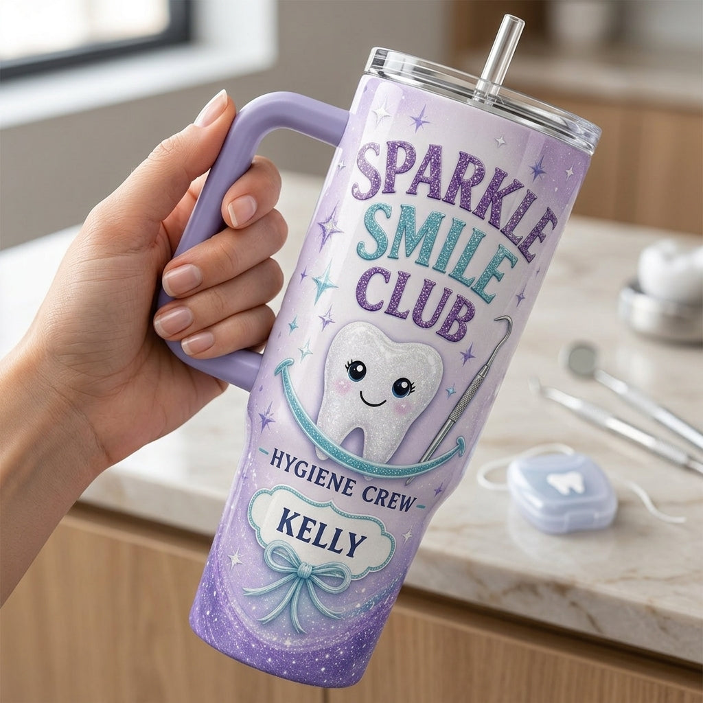 Personalized Sparkle Smile Club 40oz Tumbler with Handle - Custom Name Gift for Dental Hygiene Crew
