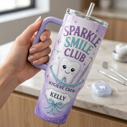 Personalized Sparkle Smile Club 40oz Tumbler with Handle - Custom Name Gift for Dental Hygiene Crew