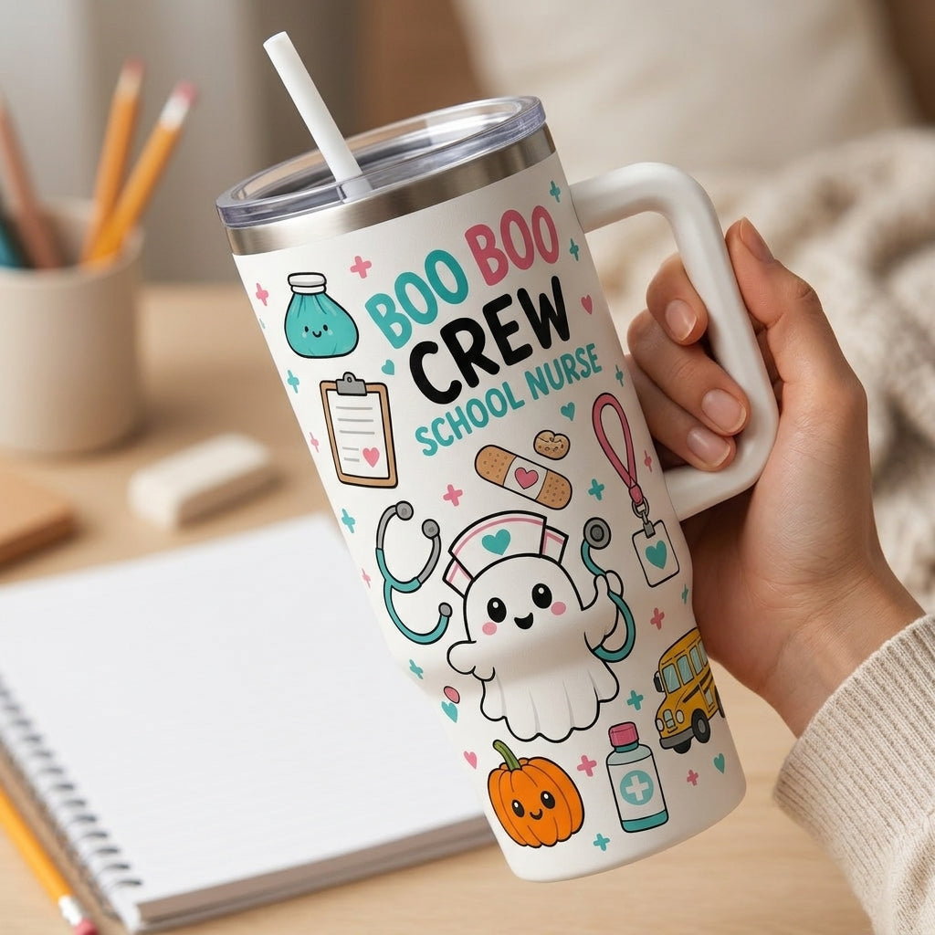Personalized Boo Boo Crew School Nurse 40oz Tumbler with Handle, Cute Ghost Halloween Medical Gift for Pediatric Nurses