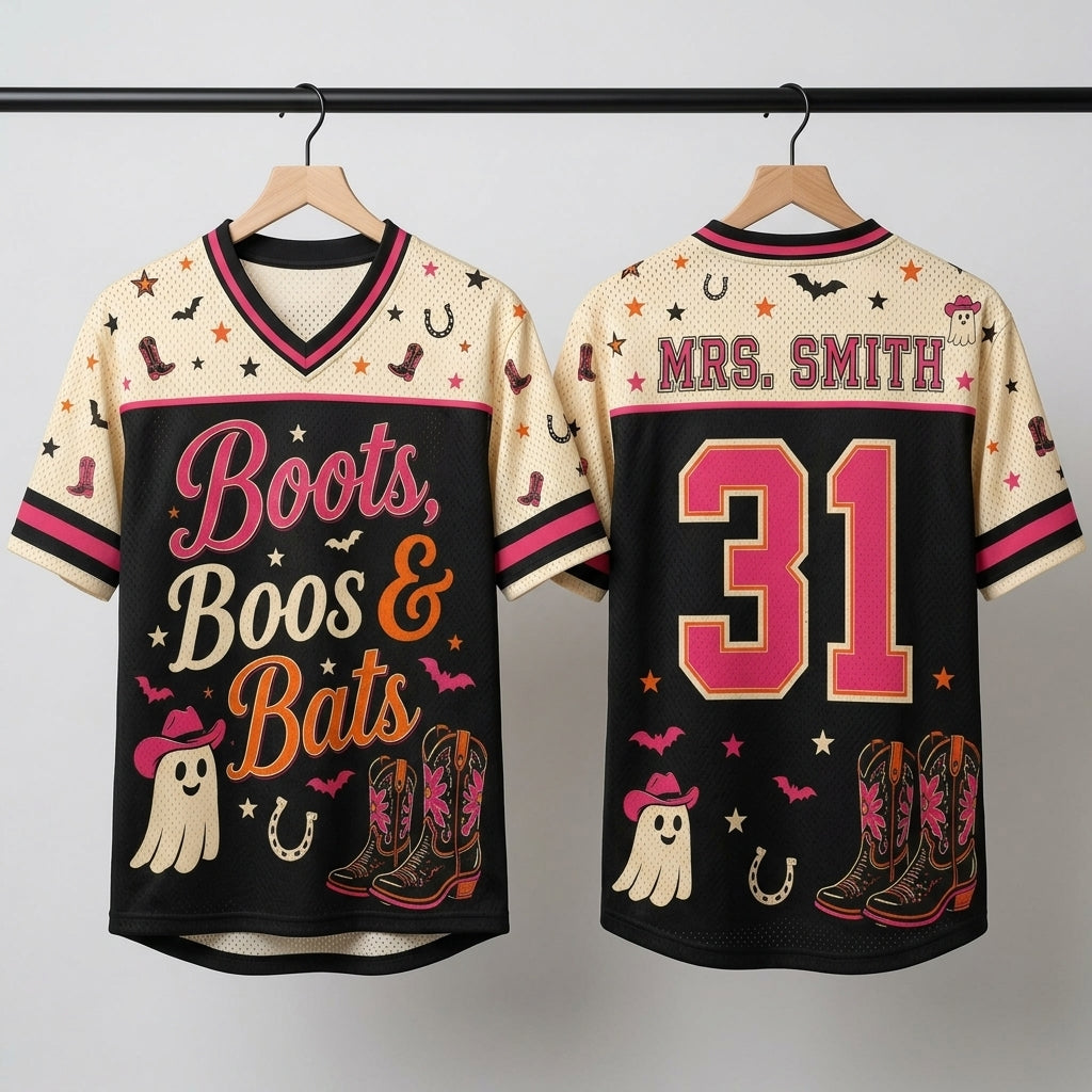 Personalized Boots Boos & Bats Halloween Football Jersey - Custom Name & Number Cowgirl Ghost Western Shirt