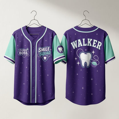 Personalized Smile Squad Baseball Jersey - Custom Name Floss Boss Gift for Dentist & Dental Hygienist
