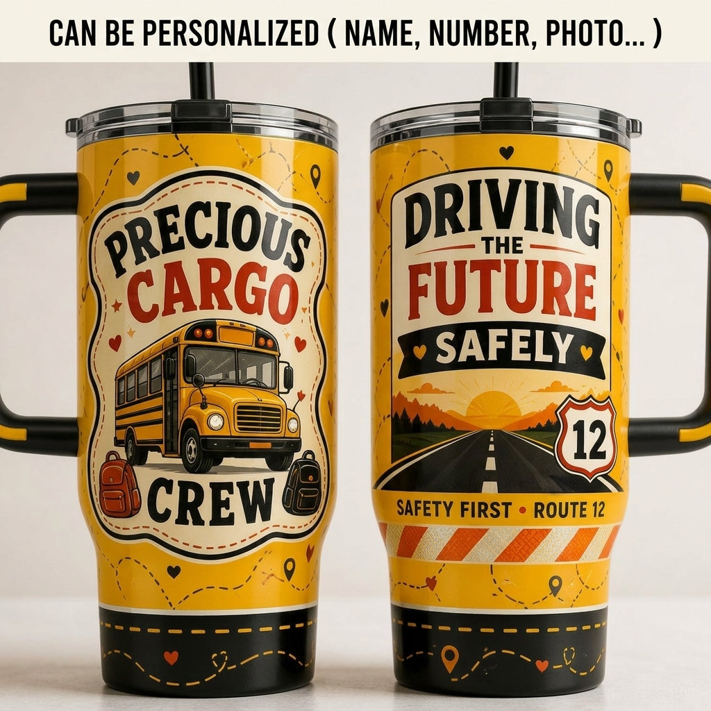 Personalized School Bus Driver Gift 40oz Tumbler with Handle - Precious Cargo Crew Design - Custom Route Number