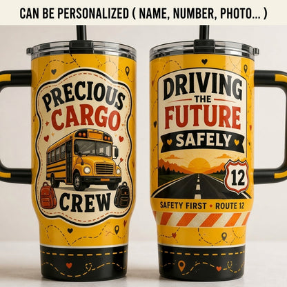 Personalized School Bus Driver Gift 40oz Tumbler with Handle - Precious Cargo Crew Design - Custom Route Number
