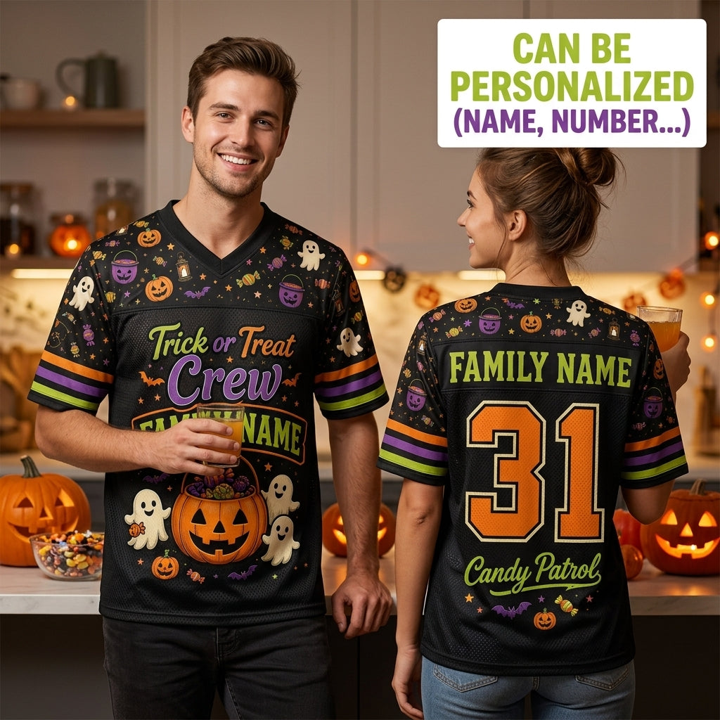 Personalized Halloween Football Jersey - Custom Family Name Trick or Treat Crew Candy Patrol Sports Shirt