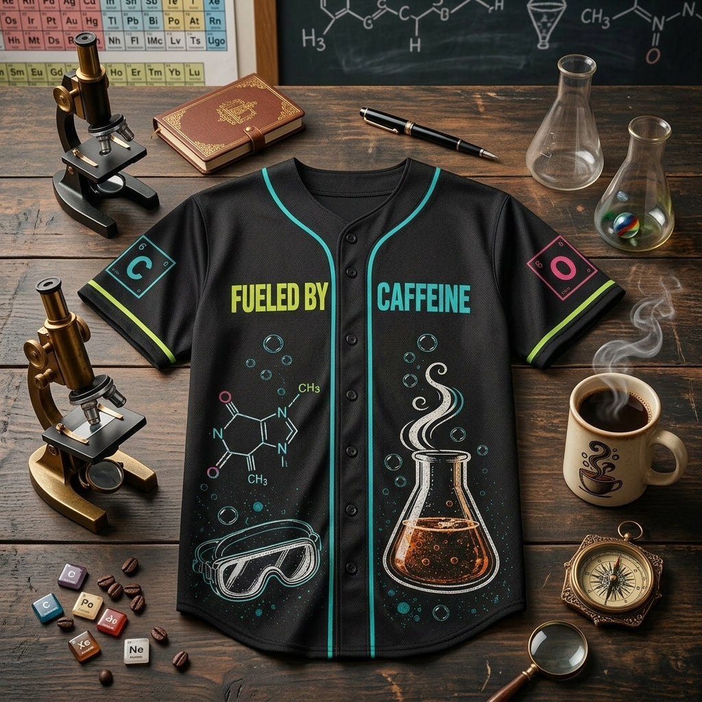 Personalized Chemistry Teacher Baseball Jersey - Custom Name Science Gift Fueled By Caffeine Design