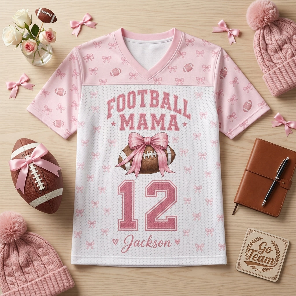 Personalized Football Mama Mesh Jersey - Custom Name and Number Coquette Pink Bow Sports Shirt
