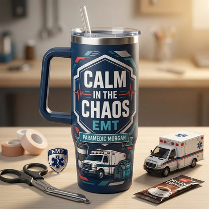 Personalized Paramedic 40oz Tumbler with Handle - Custom Name EMT Gift, Calm in the Chaos First Responder Cup