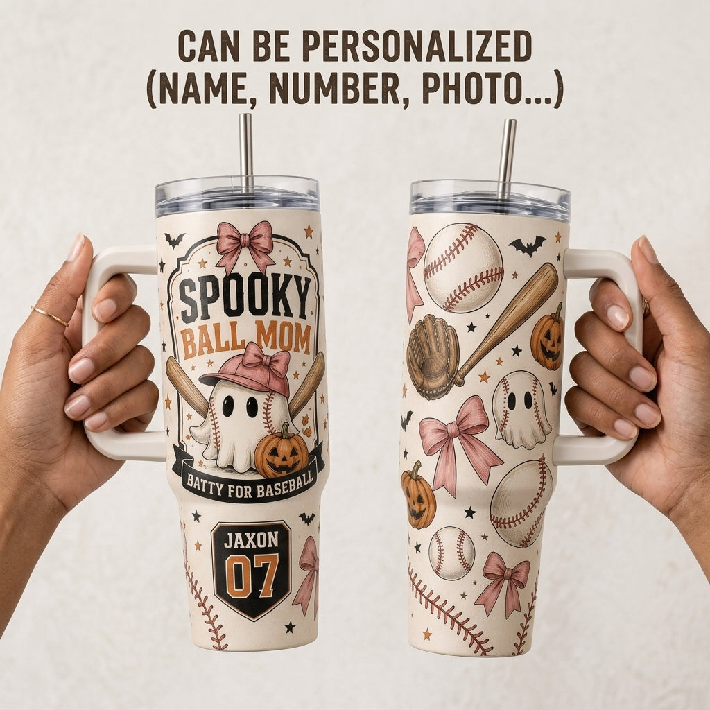 Personalized Spooky Ball Mom 40oz Tumbler with Handle - Custom Baseball Ghost Halloween Gift