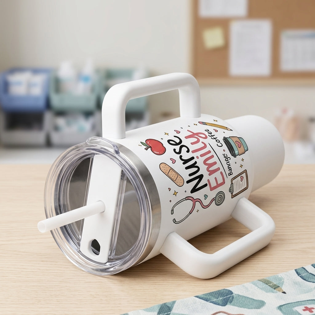 Personalized School Nurse 40oz Tumbler with Handle - Custom Name & Room Number Nurse Life Gift