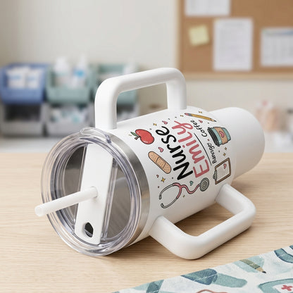 Personalized School Nurse 40oz Tumbler with Handle - Custom Name & Room Number Nurse Life Gift