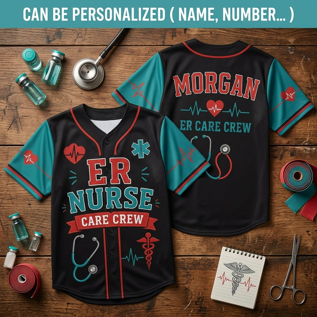 Personalized ER Nurse Care Crew Baseball Jersey - Custom Name Medical Professional Gift for Nursing Teams