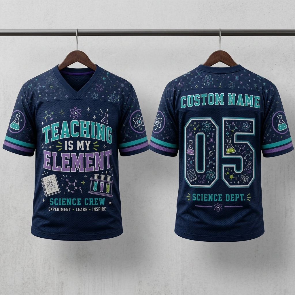 Personalized Science Teacher Football Jersey - Custom Name Science Crew Navy Hybrid Mesh Sports Shirt