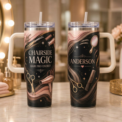 Personalized Chairside Magic Hairdresser 40oz Tumbler with Handle - Custom Name Gift for Stylists & Salon Pros - 40oz tumbler mockup 2