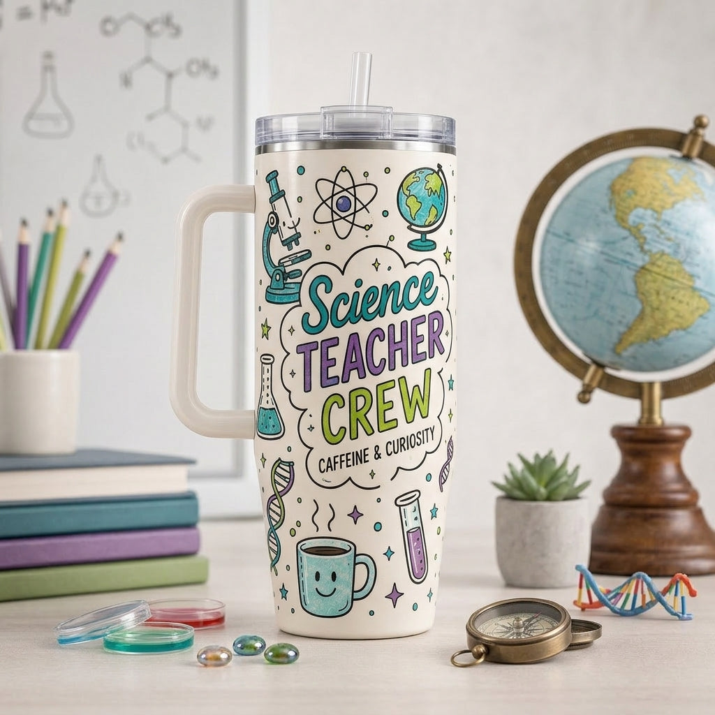 Custom Science Teacher Crew 40oz Tumbler with Handle - Personalized Name STEM Teacher Appreciation Gift