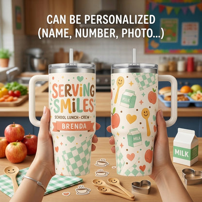 Personalized Serving Smiles School Lunch Crew 40oz Tumbler with Handle, Custom Cafeteria Worker Gift