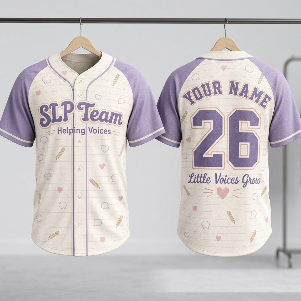 Personalized SLP Team Baseball Jersey - Custom Name and Number Speech Pathologist Gift